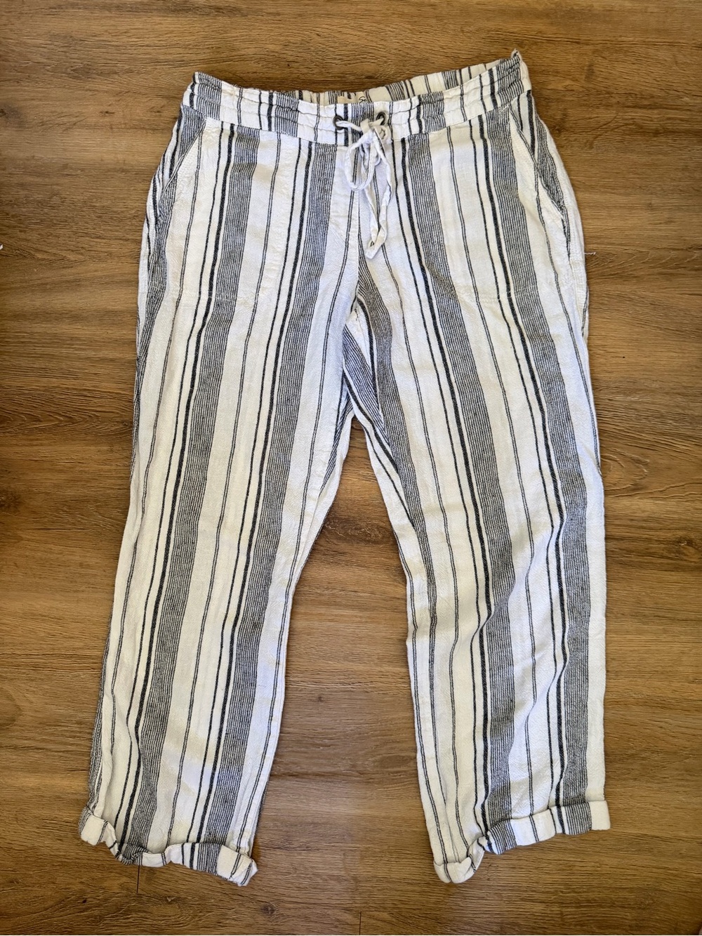 Per Se Linen Blend Striped Drawstring Pants M